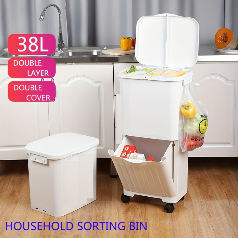 Spacious Trash Can with Two Compartments and Lid - Resistant to Odors, Easily Portable for Kitchen and Home Waste Sorting, Recycling, Dry and Wet Waste Separation, and Storage.