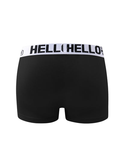 Three men's 'HELLO' Boxer Briefs made of breathable, stretchy, and quick-dry polyester-spandex blend. Features wide waistband, comfort fit, non-transparent, solid color. Machine washable.