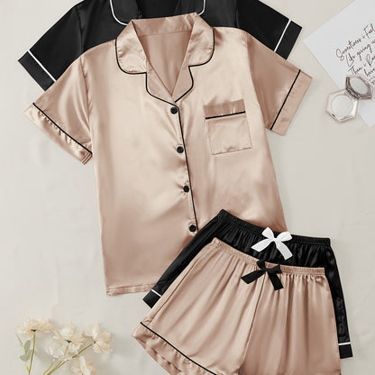 Solid satin pajama set with short sleeve lapel buttons top and bow shorts for women's sleepwear and loungewear.