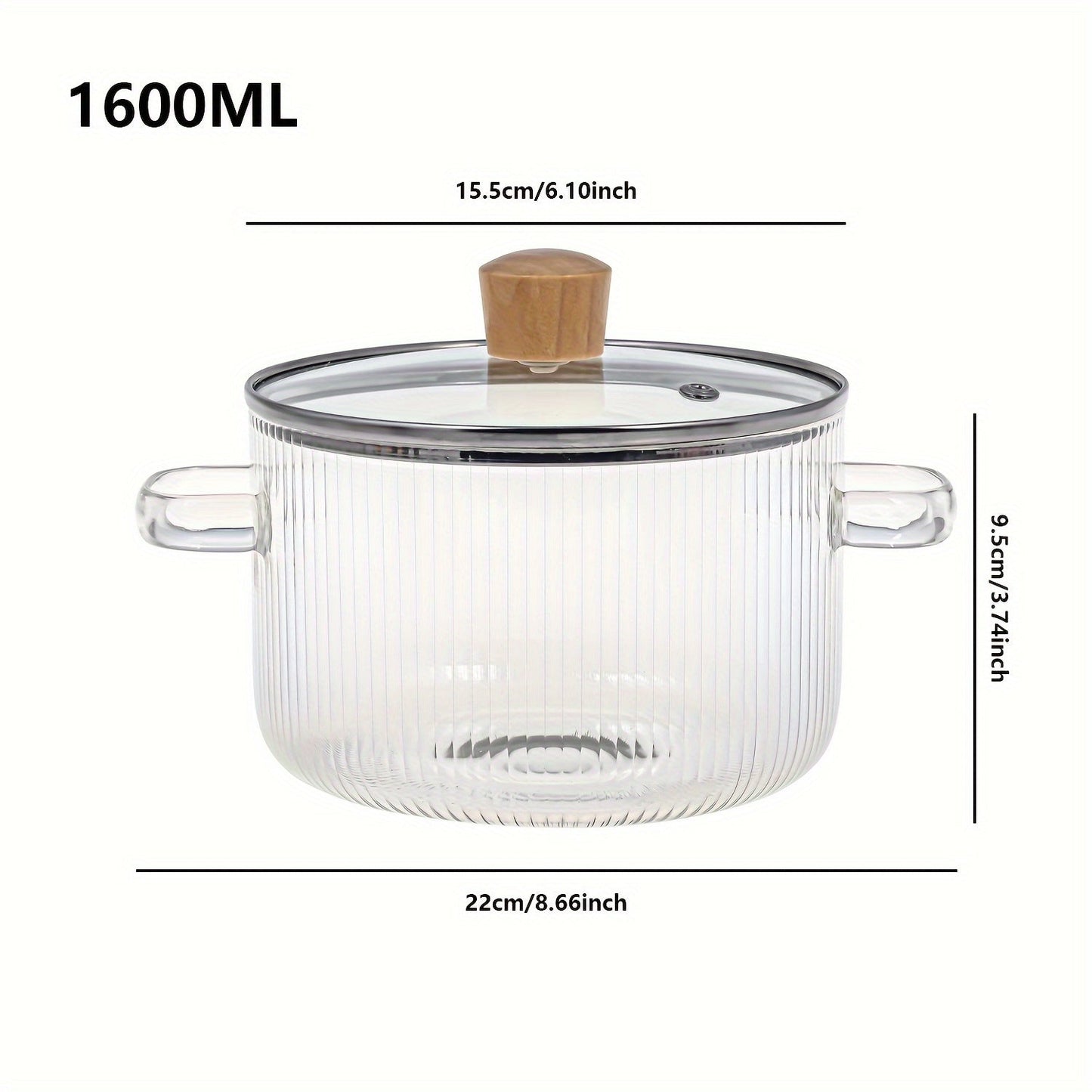 Glass cooking pot with lid, 1.6L (54oz) capacity made of heat resistant borosilicate glass. This stovetop pot set includes a paella pan and simmer pot with a cover, safe for soup.