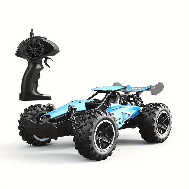 1:18 scale off-road RC car with 2.4G remote control, independent shock absorbers, dual battery, and large tires for all-terrain play.