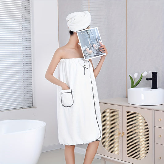 Two-piece bath towel set for adults includes wearable towel with hair towel, bowknot bath skirt, absorbent bathrobe with pockets, bow decor bath wrap towel with shower cap. Perfect bathroom accessories.