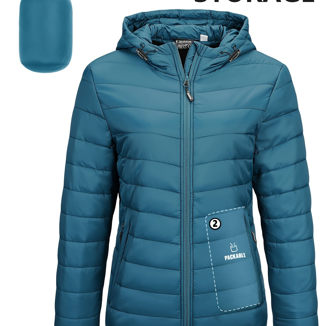 Women's packable quilted puffer jacket with hood, teal blue, waterproof & insulated, machine washable, perfect for outdoor activities.