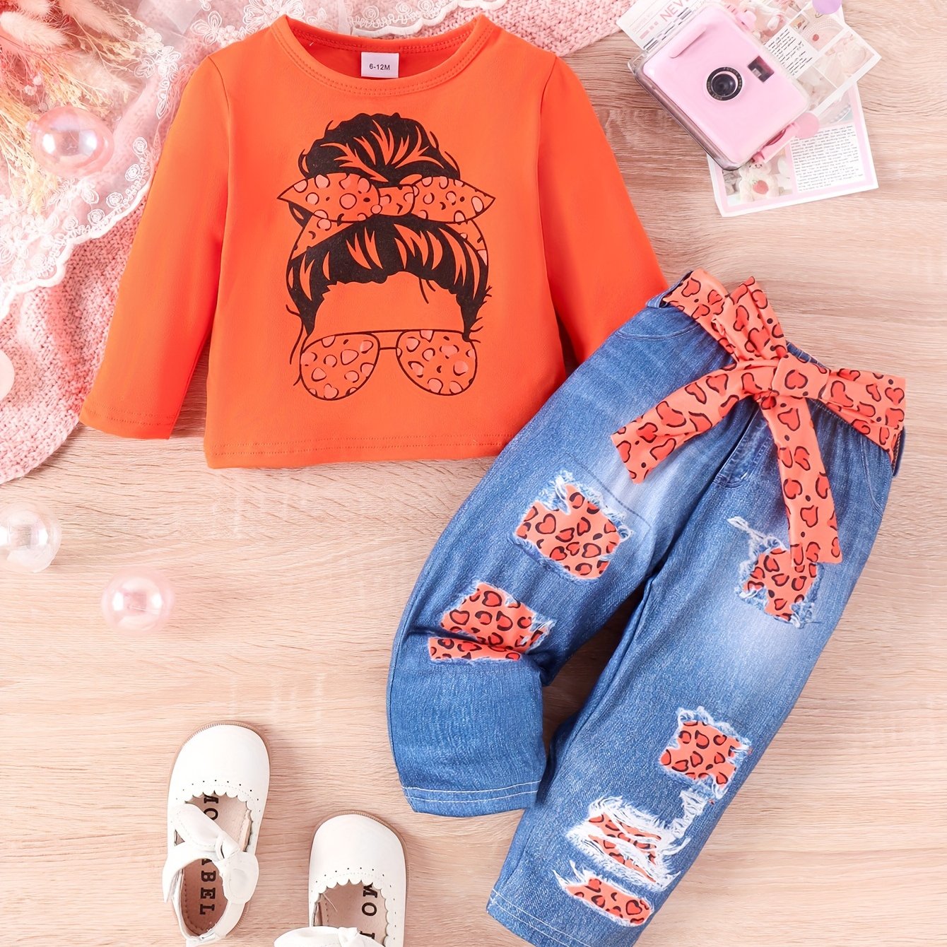 3-piece outdoor set for infant and toddler girls with long sleeve cartoon top and faux jeans with belt, featuring a cute Girl Head print.