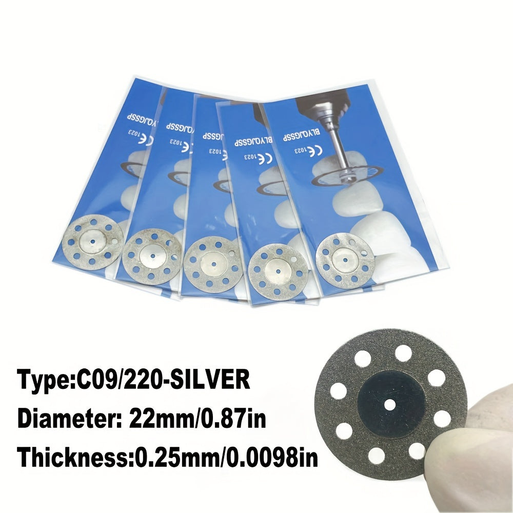 Five dual-sided diamond cutting discs for dental labs, in silver or golden, for high precision grinding and polishing.