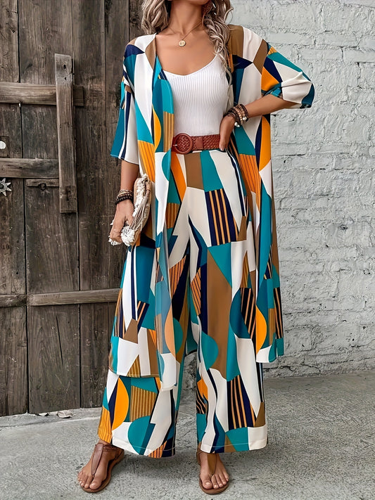 Stylish plus-size geometric print ensemble includes open front shirt, wide-leg pants made of elegant polyester. Perfect for fashion-forward ladies, machine washable.