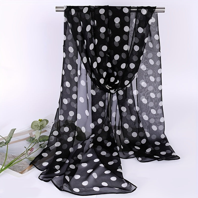 Bohemian Chic Polka Dot Chiffon Scarf - Black with White Dots | Lightweight, Sheer Shawl | Ideal for Beach Travel | Sun Protection & Wind Resistance | Hand Washable Polyester