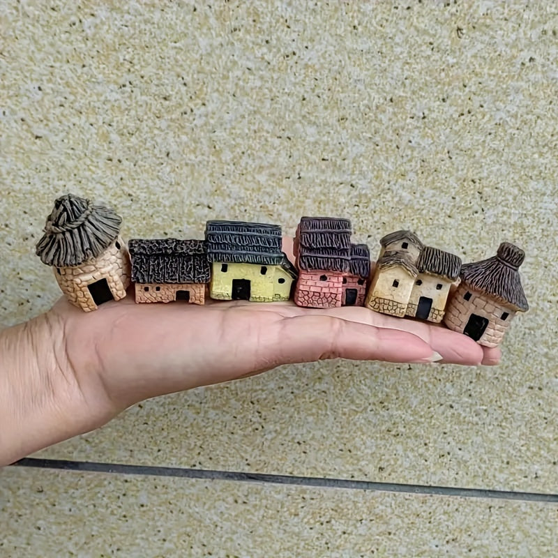 Set of 6 miniature resin house statues for DIY fairy gardens, bonsai, succulent decor, and glass planter accents.