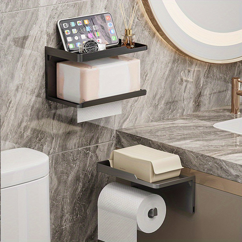 Toilet paper holder in black plastic with drawer, can be wall-mounted. Versatile organizer for bathroom and kitchen, doubles as storage rack. Does not require electricity. Ideal for hotels and includes bathroom accessories.