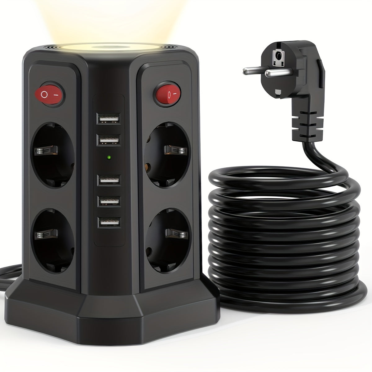 Multi-socket power outlet with 5 USB-A ports, 8 sockets, 4 independent switches, and 3 meters extension cable for home and office use.