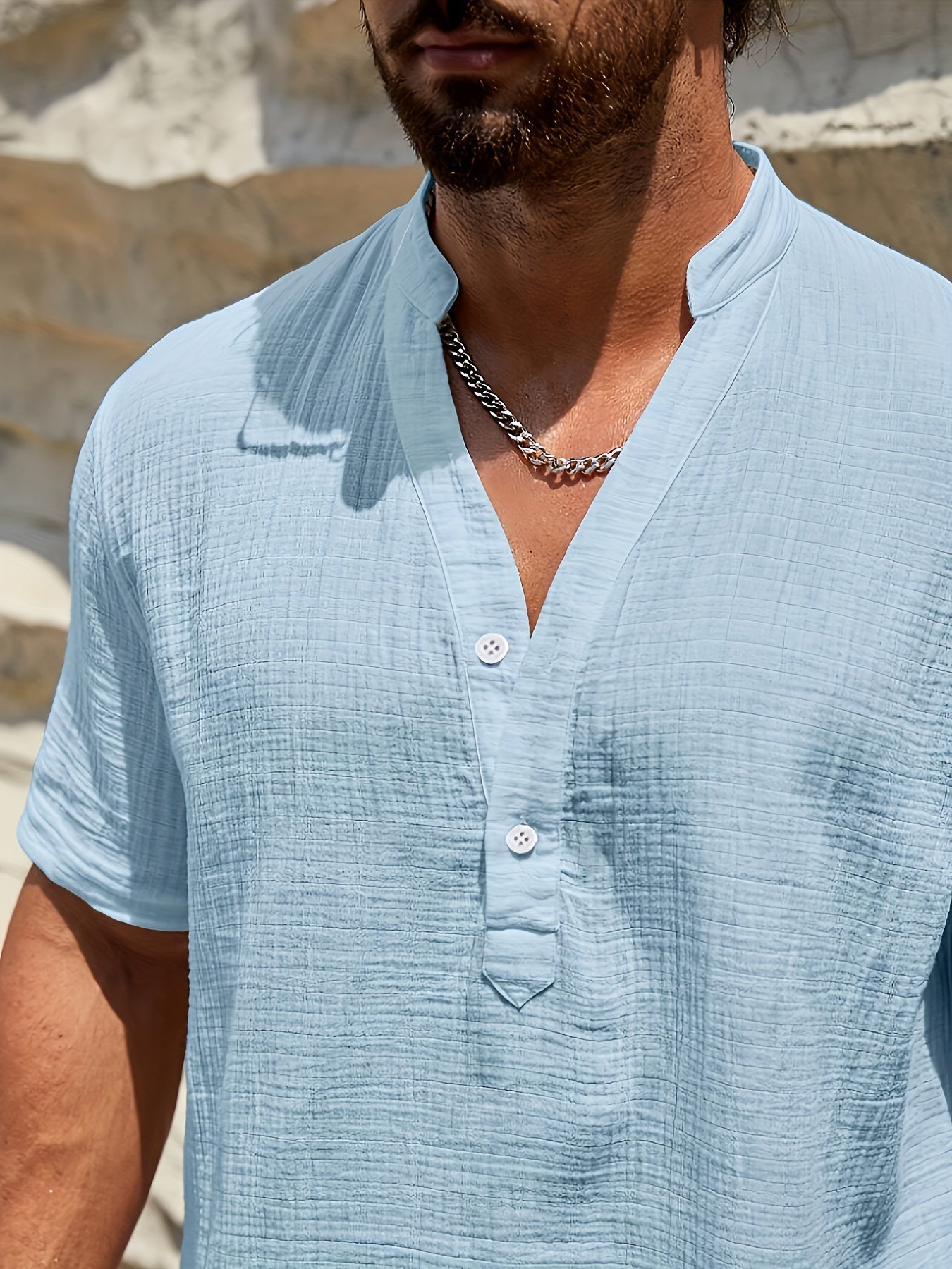 Men's plus size cotton shirt with stand collar, perfect for summer.