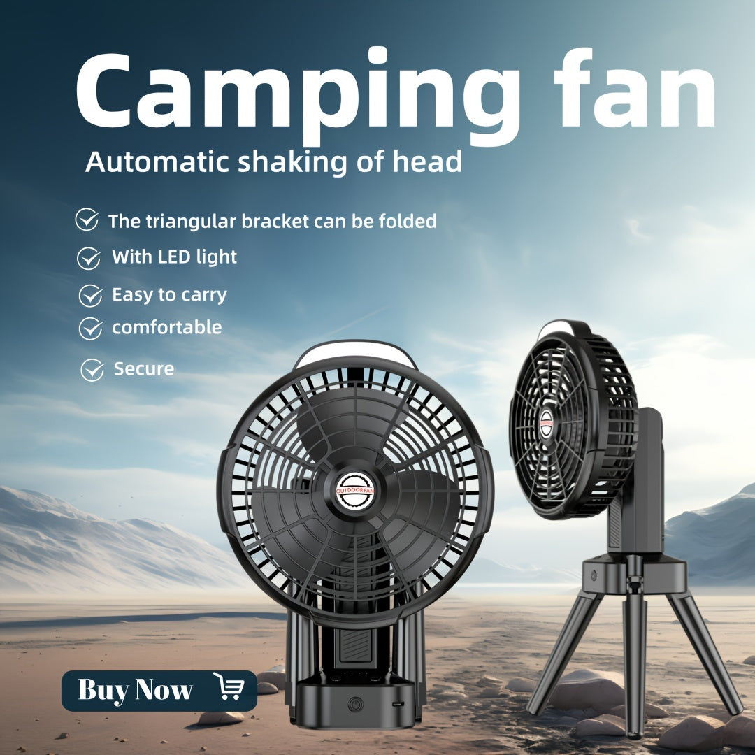 Compact and quiet portable camping fan with auto-oscillation, USB rechargeable and built-in battery for use at home, office, or outdoors.