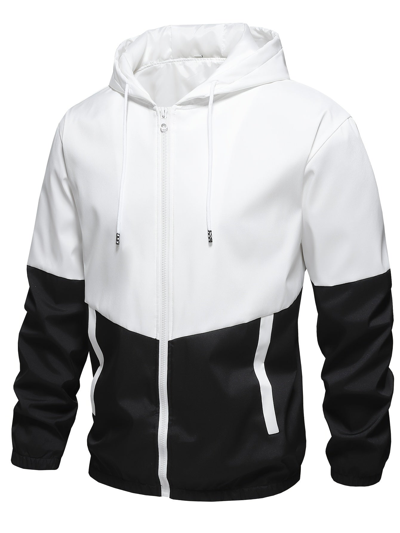 Men's tracksuit set with hooded jacket and long pants made of 100% polyester. Features solid color woven fabric, non-stretch regular fit, suitable for all seasons.