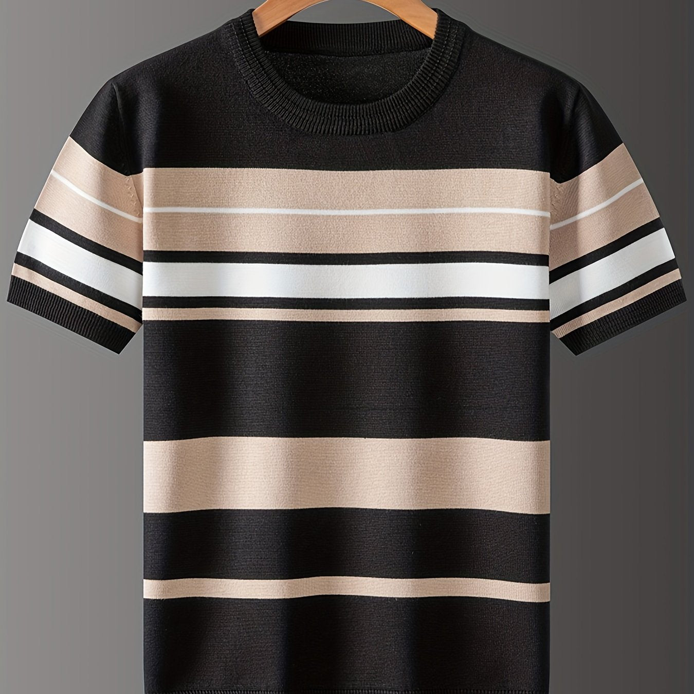 Men's casual striped crew neck pullover sweater with medium stretch, regular sleeves, suitable for spring/fall.