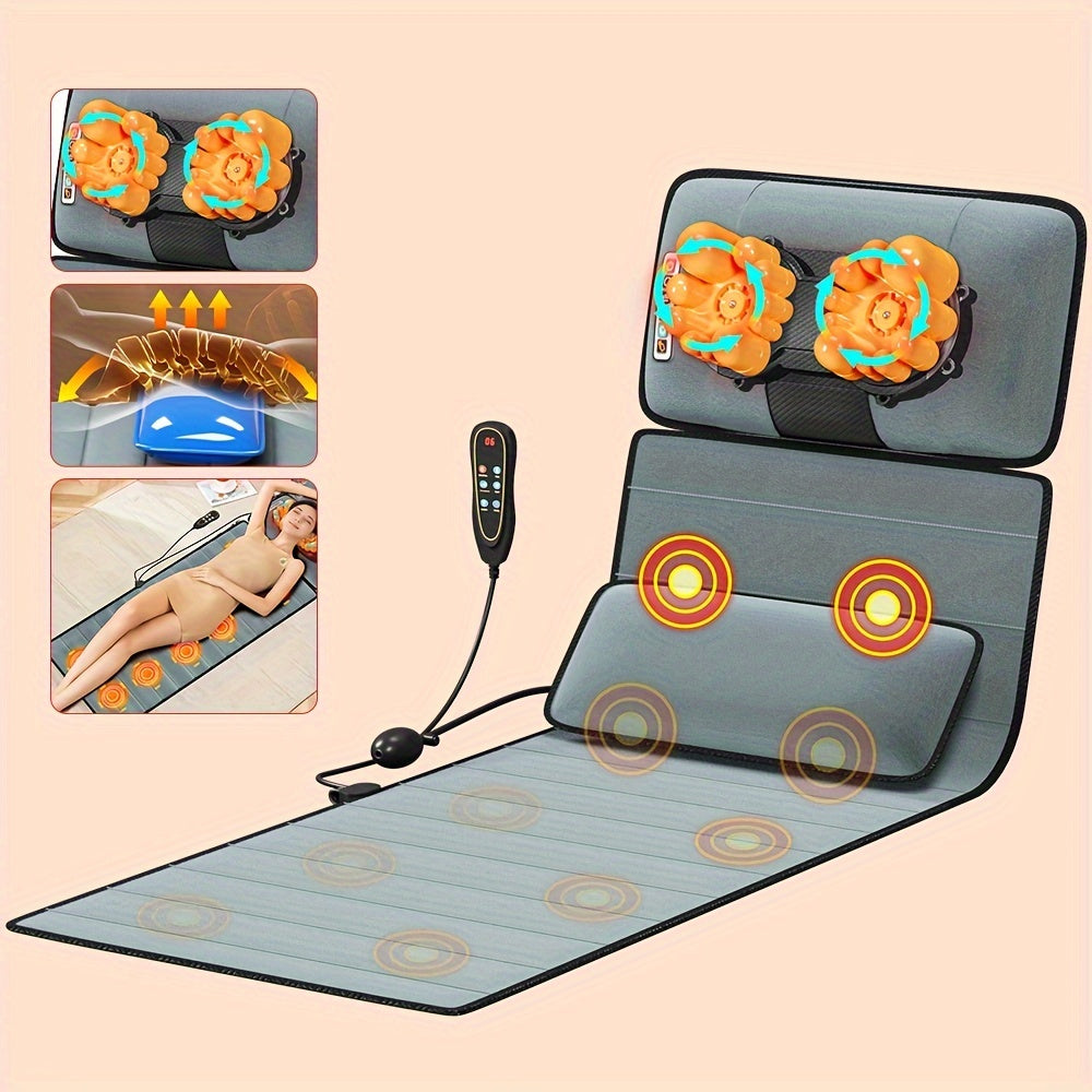 Full-body massage mat with heat and foot massager, including whole body vibration, 9 massage settings, and 3 timer options. Targets back, neck, lumbar, legs, and feet.