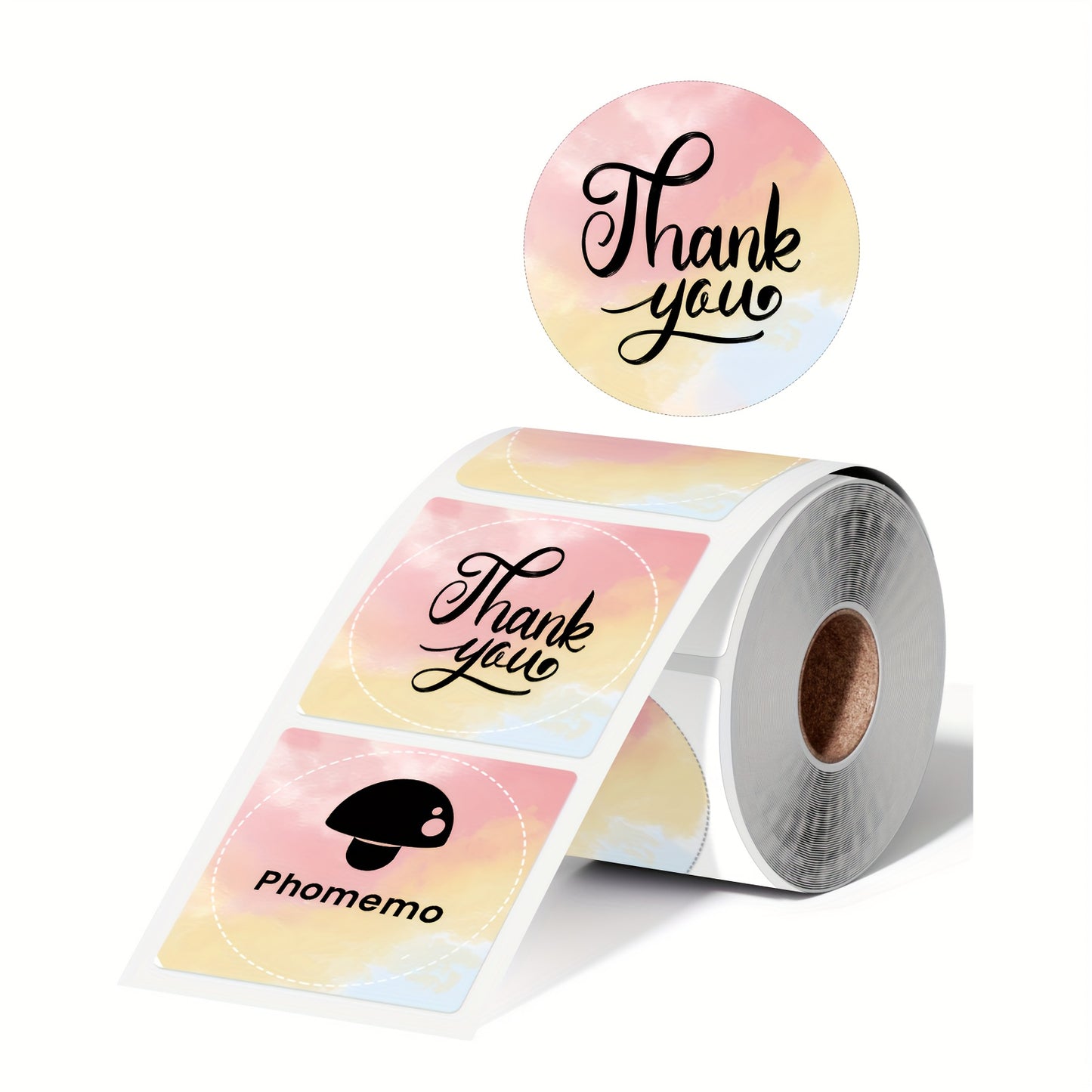 Phomemo 2-Inch Color Round Thermal Labels with adhesive suitable for various uses such as logo design, pricing, and addresses. 750 labels per roll in a gradient color design.