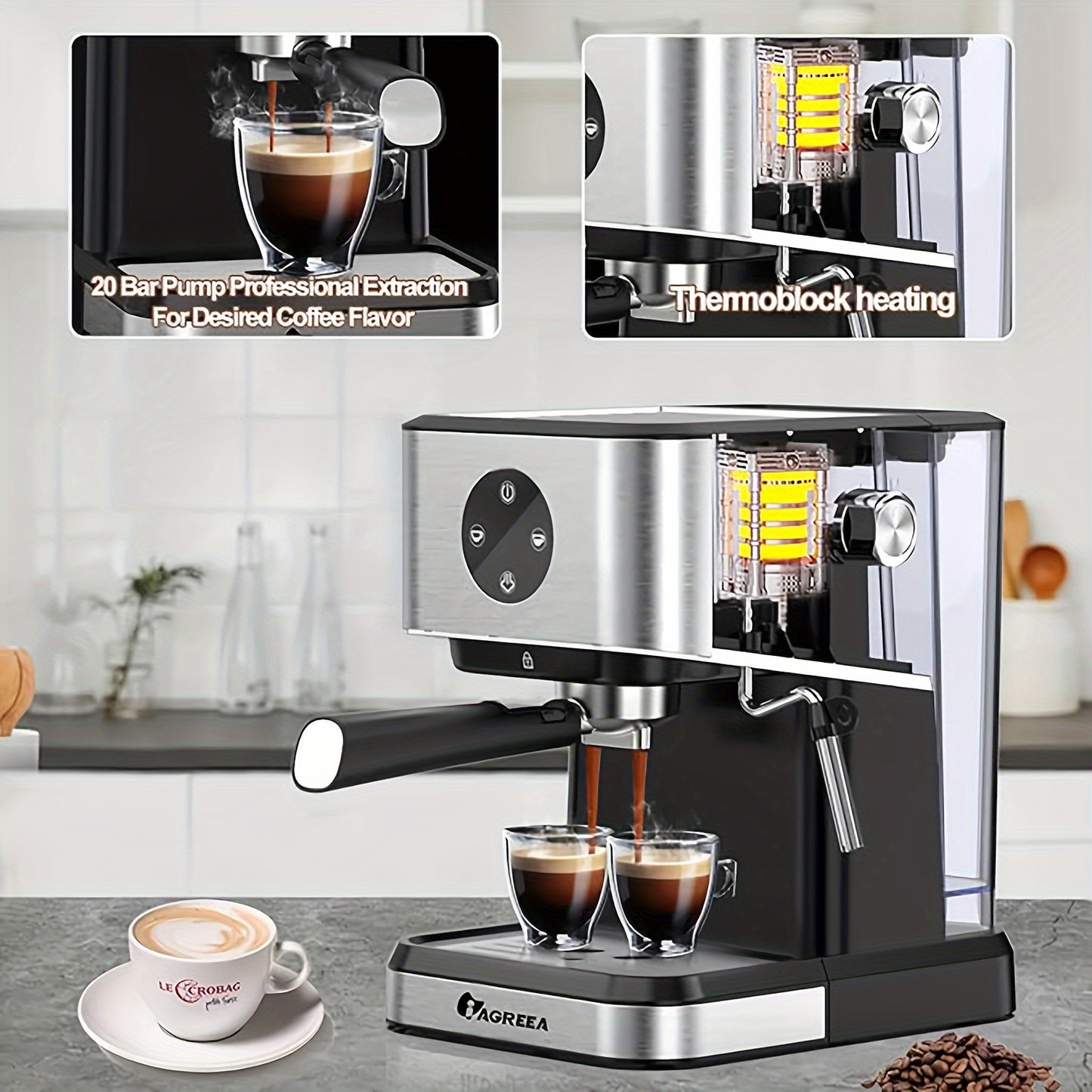 20 Bar Espresso Coffee Machine with Steam Wand, 1.5L Water Tank, Semi-Automatic for Espresso, Latte, and Cappuccino, 1050W, includes FREE Plug Adapter for Winter.