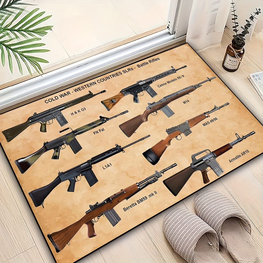 Military-themed polyester fiber carpet featuring various gun patterns, designed for use in the bathroom, living room, bedroom, or restaurant. Resistant to dirt, machine washable, and non-slip for added convenience.