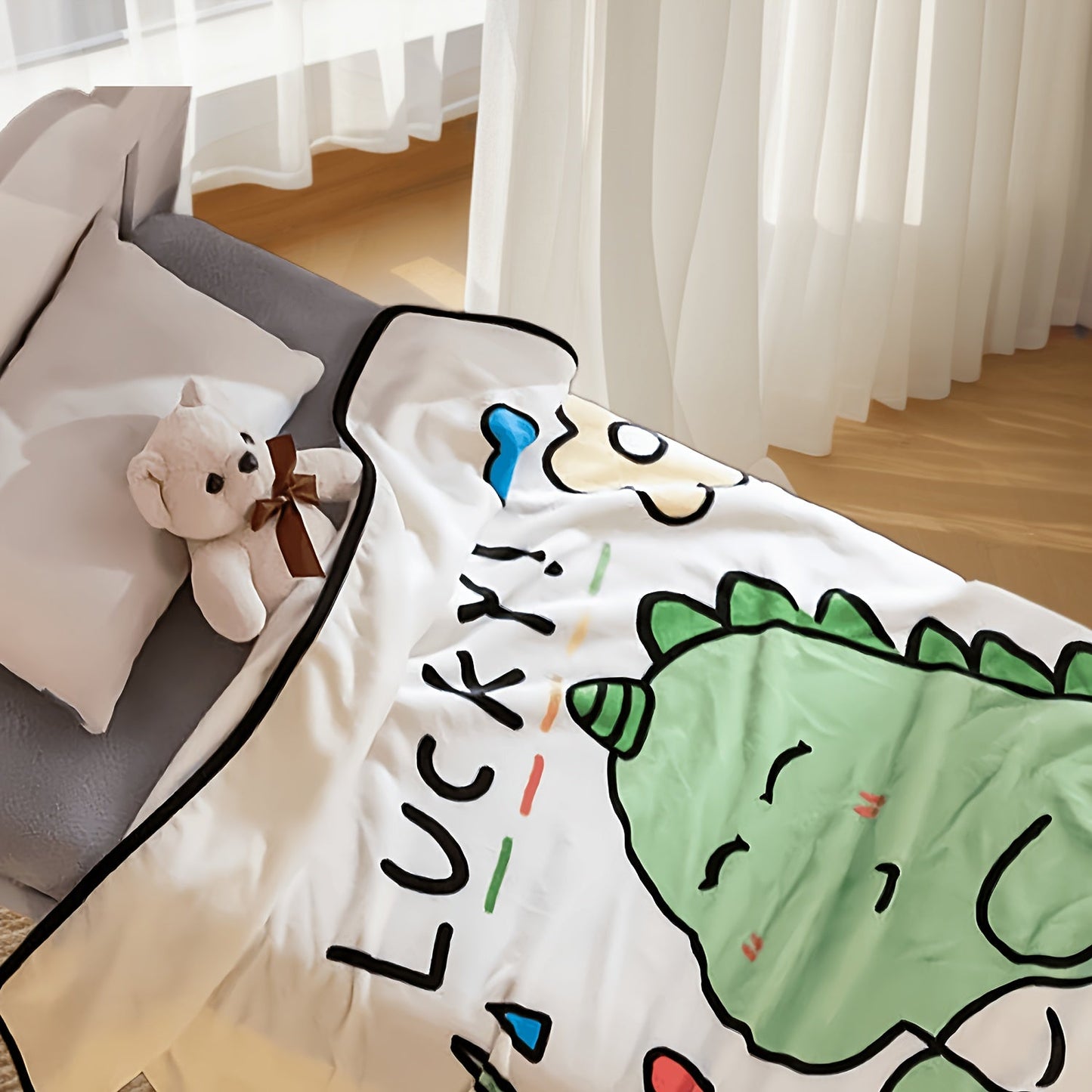 Soft and cuddly cartoon animal plush blanket for young children, great for naps and snuggles. Suitable for kids aged 0-3 years, perfect for strollers and beds. Made of cozy flannel material.