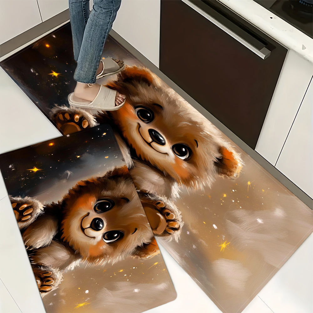 Adorable Teddy Bear Design Kitchen Mat - Made of 100% Polyester, Absorbent and Machine Washable | Ideal for Laundry Room, Bathroom, Entryway Decor, and Non-Slip Kitchen Rug