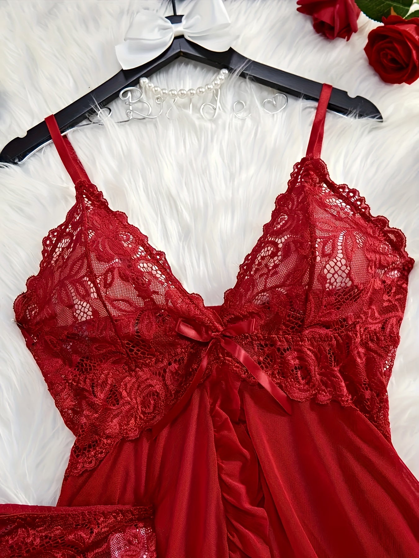 Valentine's Day lace lingerie set with deep V split skirt in plus sizes. Includes free panties and available in multiple colors.