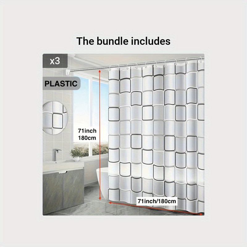 Lightweight plastic shower curtain with hooks and metal grommets, suitable for bathroom and window decoration.