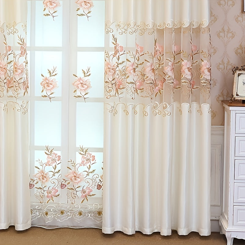 Add a touch of elegance to your living room or bedroom with this beautiful 1pc Pink Floral Embroidered Sheer Curtain. Made of semi-transparent polyester, this curtain features delicate embroidery and eyelets for easy hanging. Machine washable for