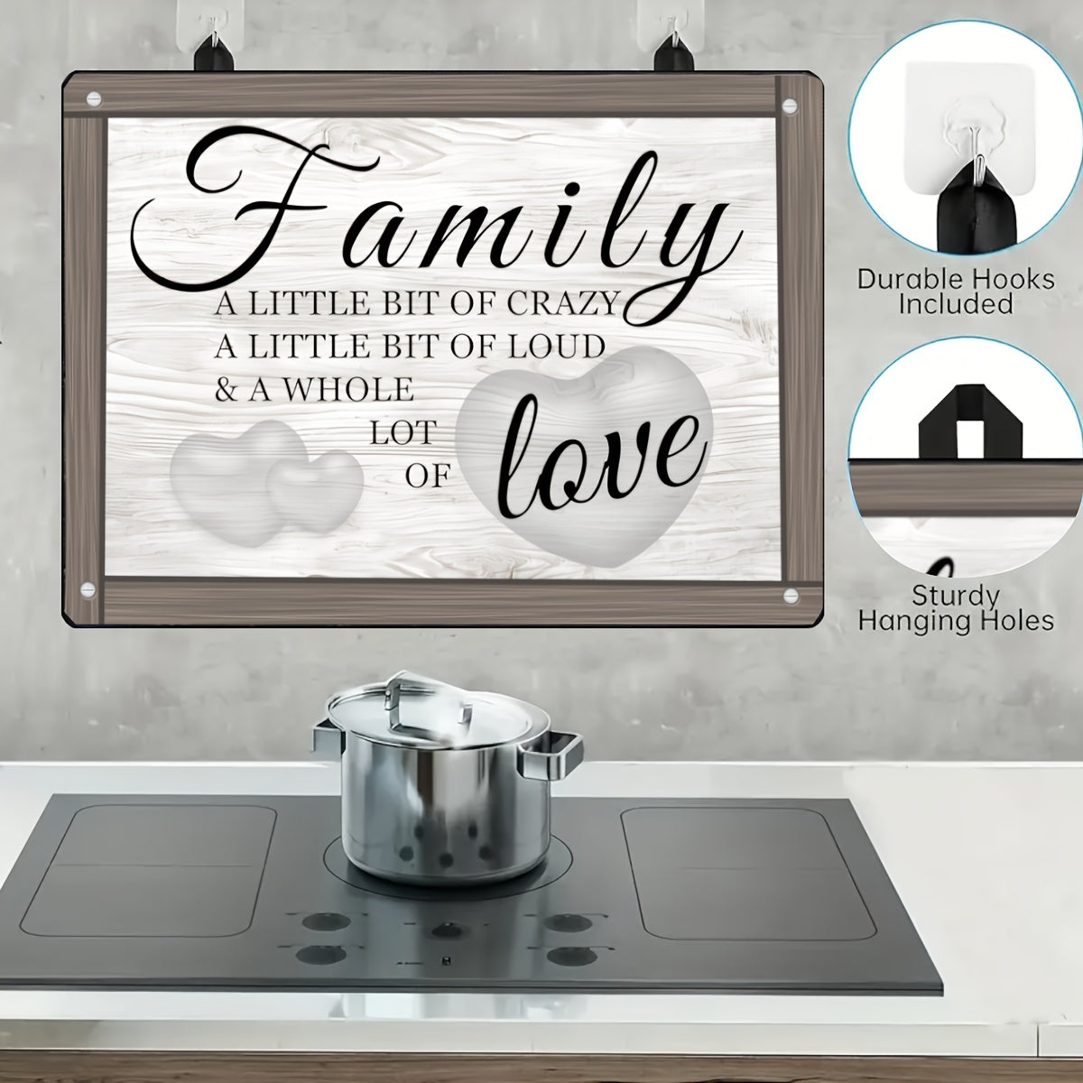 Wood Grain Design Stove Top Protector, 72.39x52.07cm, Scratch-Resistant & Heat-Resistant, Non-Slip Rubber Backing - "Family Love" Inspirational Quote. Dishwasher Safe, Versatile Kitchen Decor Mat for Cooktops, Countertops, Dryers.