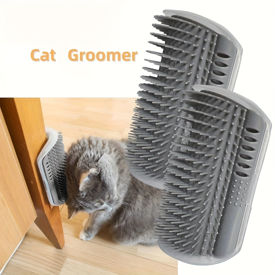 Wall-mounted self-groomer with massage comb for kittens and puppies.