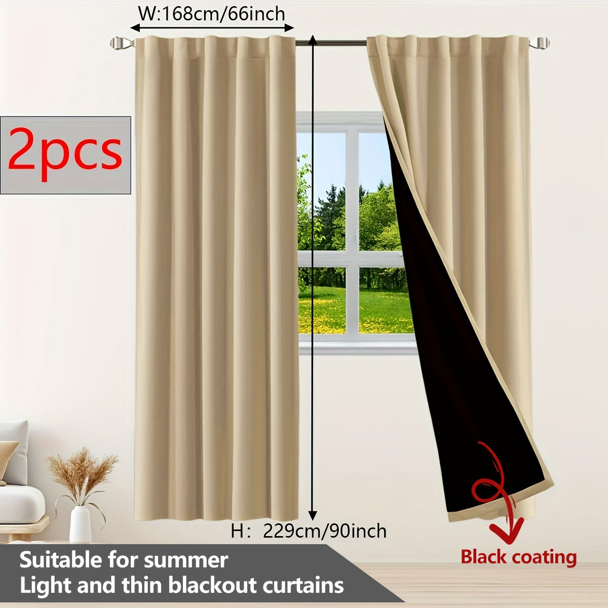 Two pieces of contemporary blackout curtains made from thermal insulated twill weave polyester. They are designed to reduce noise and block out light, making them perfect for the living room, bedroom, or study. These curtains feature a hook and ring rod