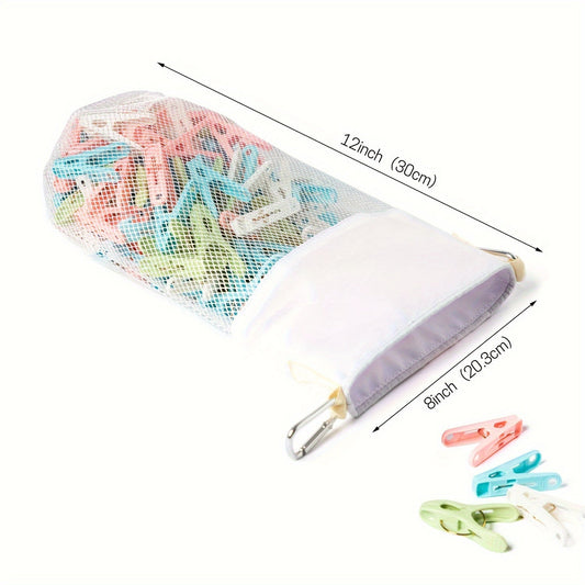 Large capacity clip storage bag with carabiner clips, fabric organizer pouch, suitable for hanging on walls or closets, ideal for organizing home and office supplies.