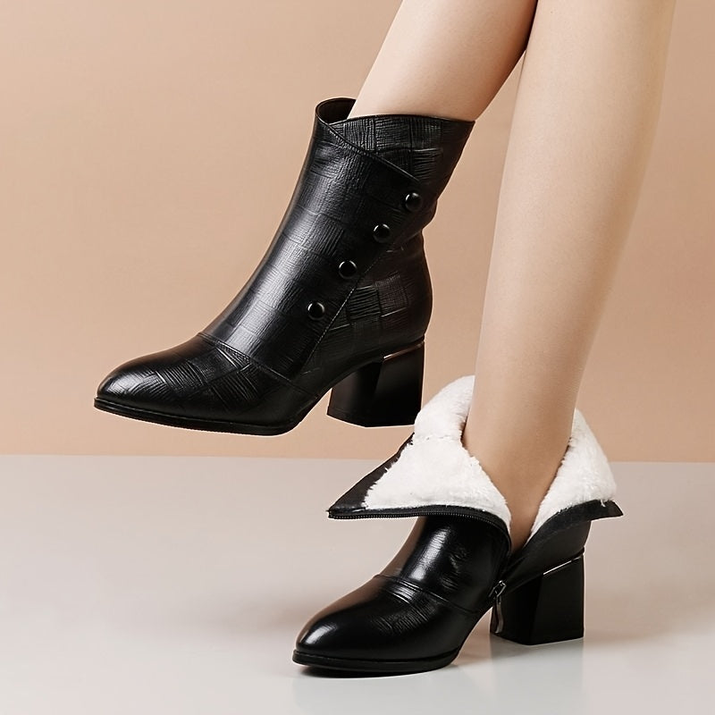 Black synthetic ankle boots lined with fleece for warmth, featuring a chunky heel, pointed toe, side zipper, and designed for cold weather.