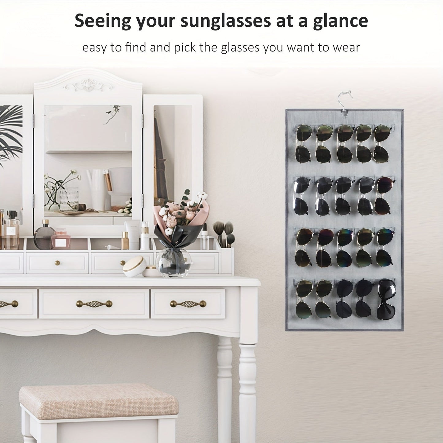 Wall Mounted Sunglasses Organizer with 40 Slots for Dual Sided Hanging, Glasses Rack Storage, Eyeglasses Holder and Eyewear Display Case