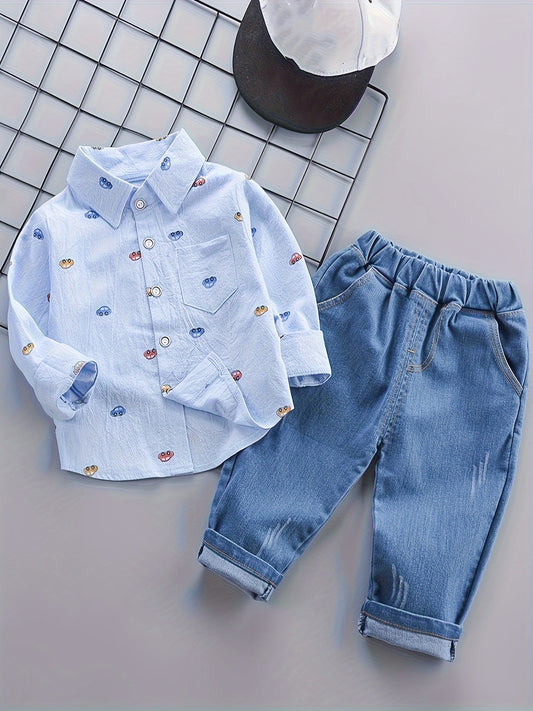 BABICOLOR Boys' Cotton Outfit Set includes a V-Neck car print shirt and regular fit jeans with slight stretch, perfect for outdoor activities in spring or fall.