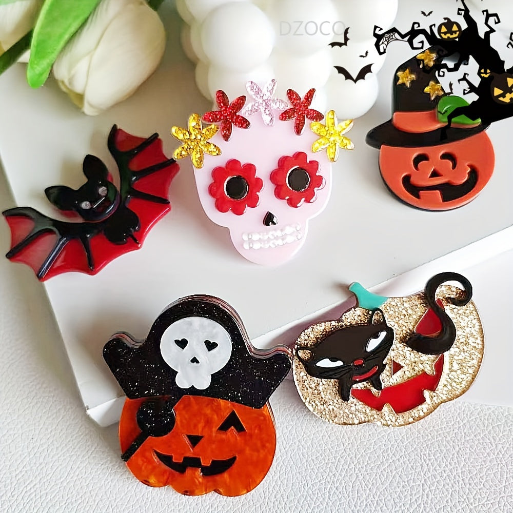 Retro Punk Inspired Acrylic Brooch Pins - Quirky Cartoon Designs for Scarves and Jackets, Featuring Halloween Icons like Pumpkins, Skeletons, and Bats