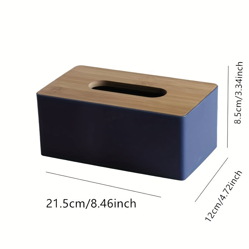 Rectangular black and wooden tissue box holder with durable plastic dispenser and bamboo cover for home and hotel decor. Dimensions: 21.49x11.99x8.48 cm. Perfect for kitchen organization.