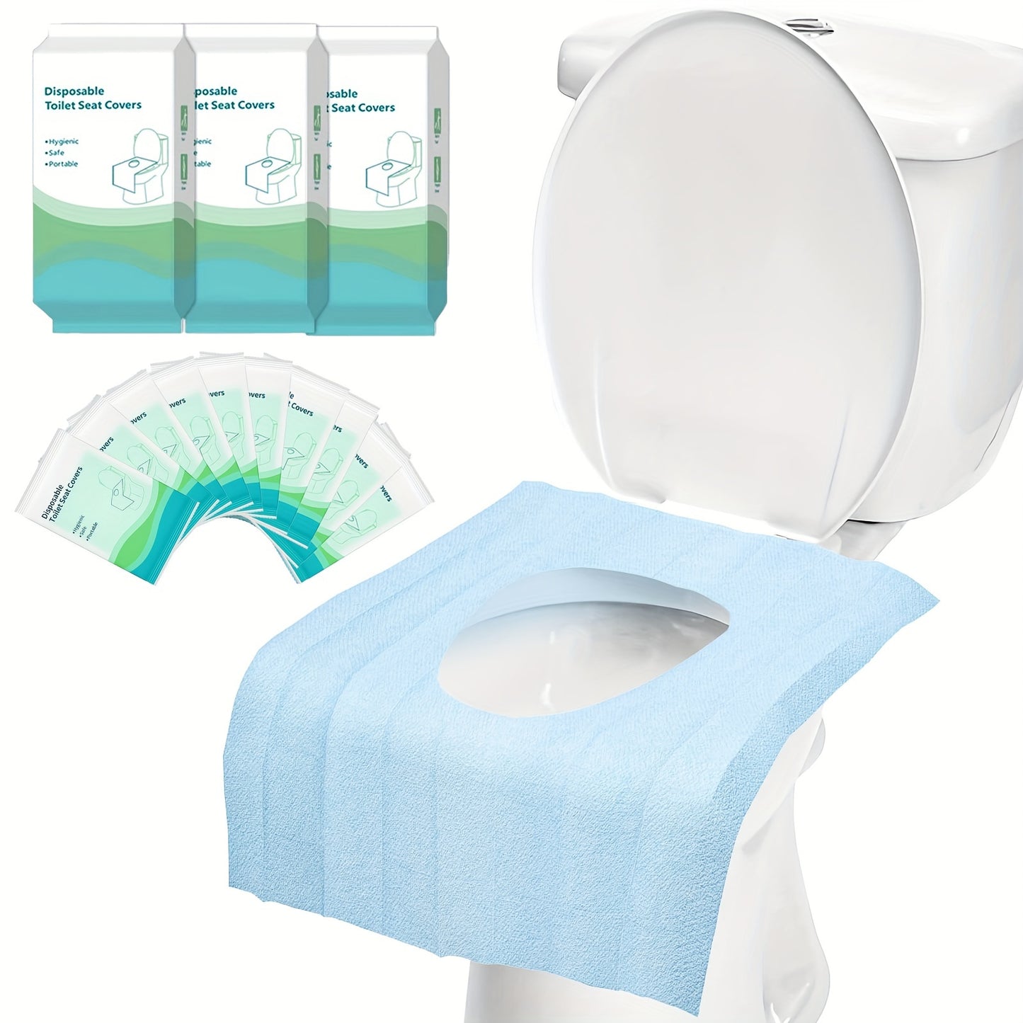 20 soft, flexible disposable toilet seat covers made of 100% waterproof non-woven fabric. Perfect for travel, public restrooms, airplanes, and camping. Easy-to-use for hygienic protection.