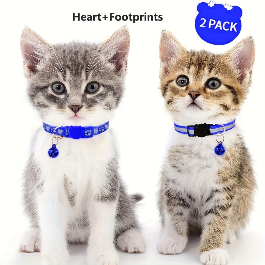 Reflective cat collars with footprints, bells, and breakaway design for kittens - 2 pieces, geometric pattern, polyester.