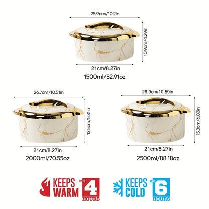 Golden Touch Food Warmer set includes 3 pieces of thermal casserole dishes with lids in sizes 1.5L, 2L, and 2.5L. The insulated stainless steel containers are suitable for hot and cold