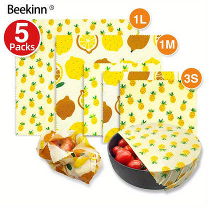 A 5-piece collection of eco-friendly Beeswax Food Wraps - Perfect for wrapping cheese, fruit, bread, snacks and more. These reusable wraps are non-stick and ideal for storing food in your kitchen pantry or refrigerator.