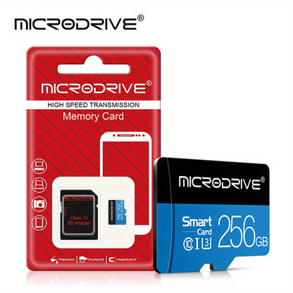 Microdrive Blue Class 10 TF Memory Card is available in 32GB, 64GB, 128GB, and 256GB with U3 support, includes an SD adapter for smartphones and DVRs.