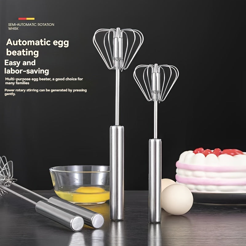 Hand-held stainless steel manual egg beater for baking and cooking, no battery needed.