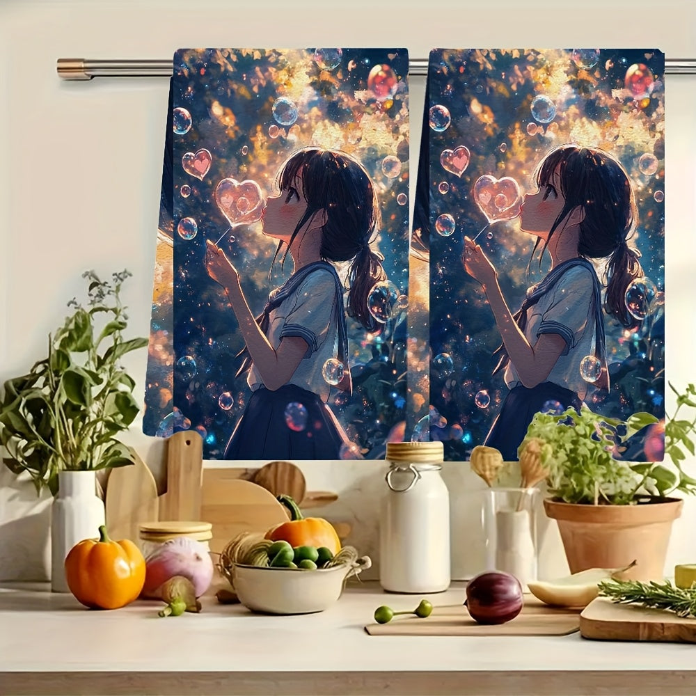 This set includes two ultra-soft kitchen towels adorned with a cute anime girl blowing heart-shaped bubbles with a bubble wand. The bubbles envelop her, adding a whimsical touch to the design. These dish towels are highly absorbent, ideal for holiday