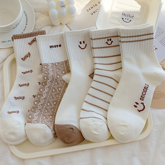 5 pairs of cute smiling print crew sports socks for women, soft and comfy.