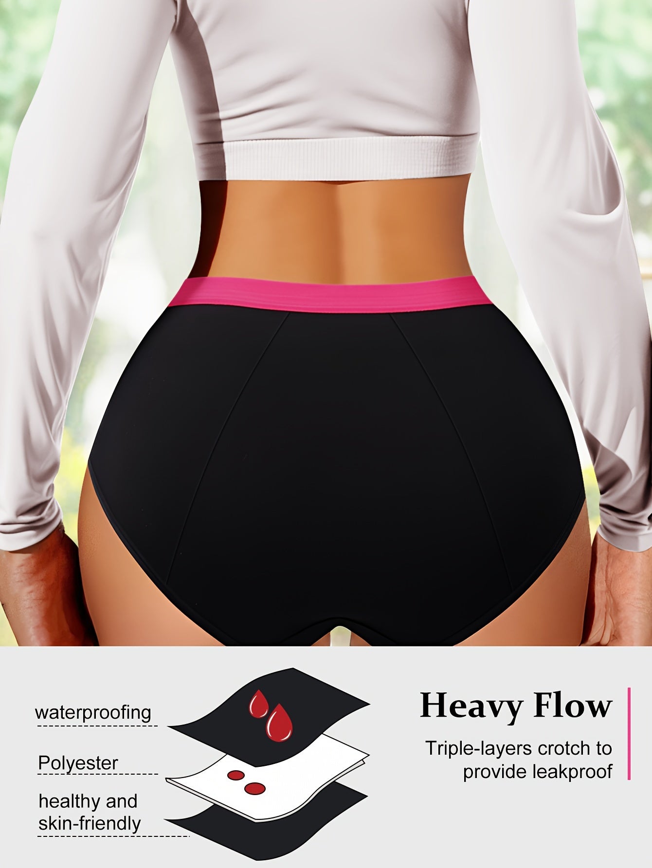 Triple-layer leakproof panties with wide waistband for women.