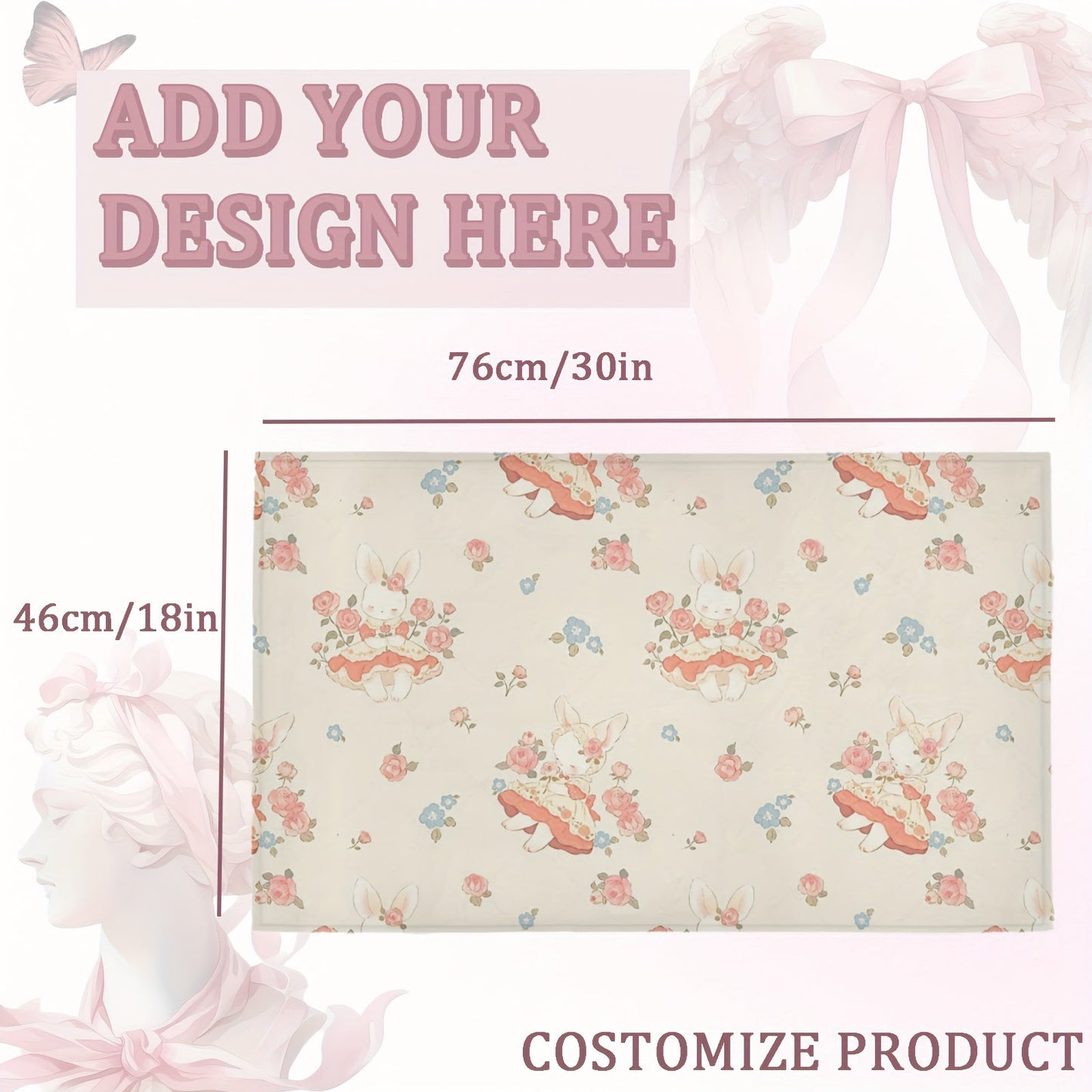 Enhance your space with this charming Rabbit & Floral Design Kitchen Floor Mat. Measuring 76.2cm x 45.72cm, this mat is customizable and perfect for your bedroom, bathroom, living room, office, and more. It is thick, sponge-filled for comfort, non-slip