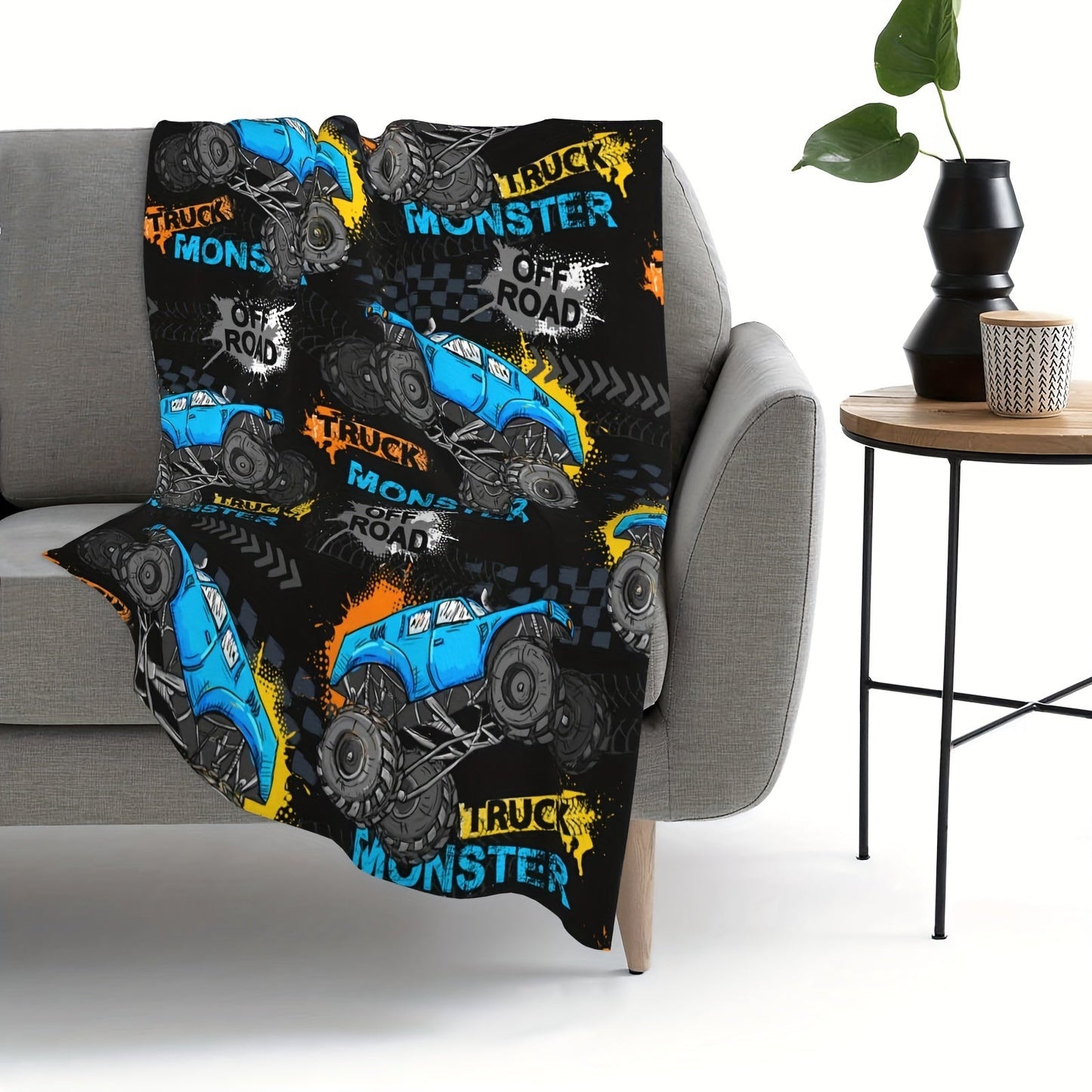 Stay Warm and Cozy with our Monster Truck Flannel Blanket - Perfect for Bed, Sofa, or Home Decor, Provides Year-Round Comfort and Durability