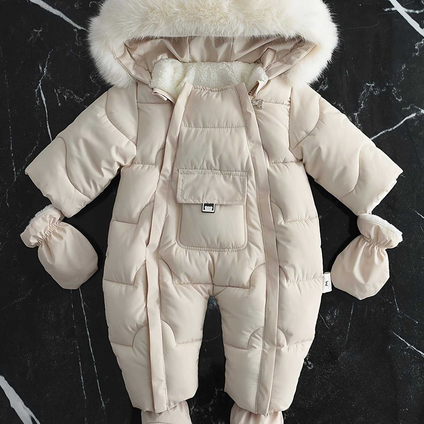 Baby boys jumpsuit with hood, faux fur trim, fleece lining, mittens, and booties for outdoor winter wear.