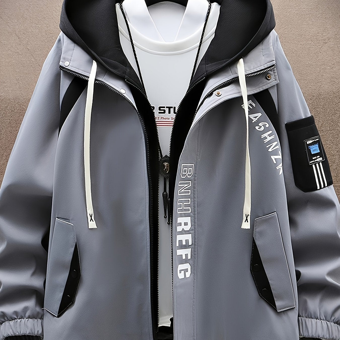 Men's preppy style hooded jacket with zipper closure, polyester college letter pattern, long sleeve, woven shoulder fit, regular fit, regular length - trendy unisex lightweight outerwear.