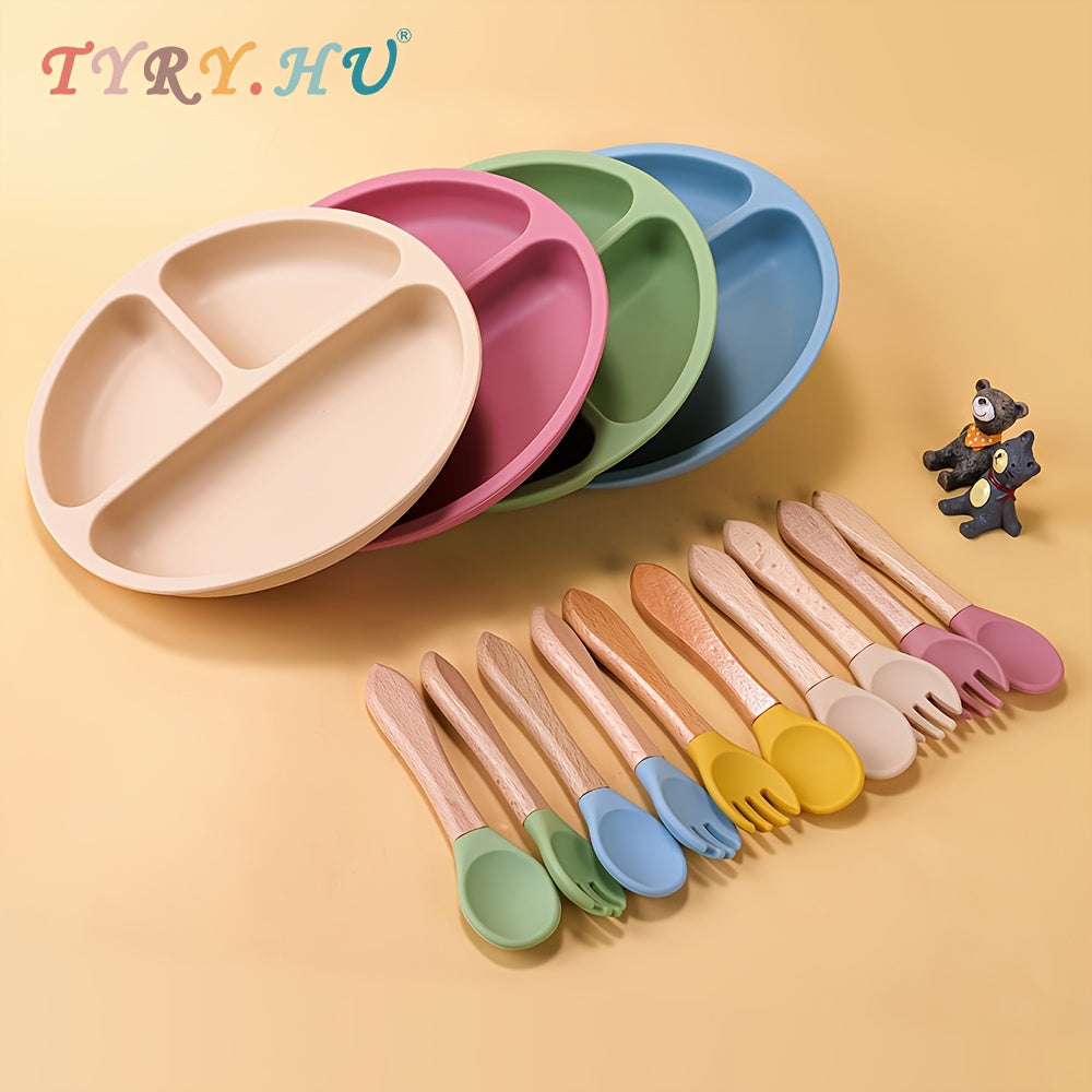 TYRY.HU offers a 3-piece set of baby feeding essentials made from 100% silicone. The set includes a divided suction plate, led weaning set, and plates and utensils set. Perfect for mealtime, this tableware set includes a plate and spoon. Makes a great